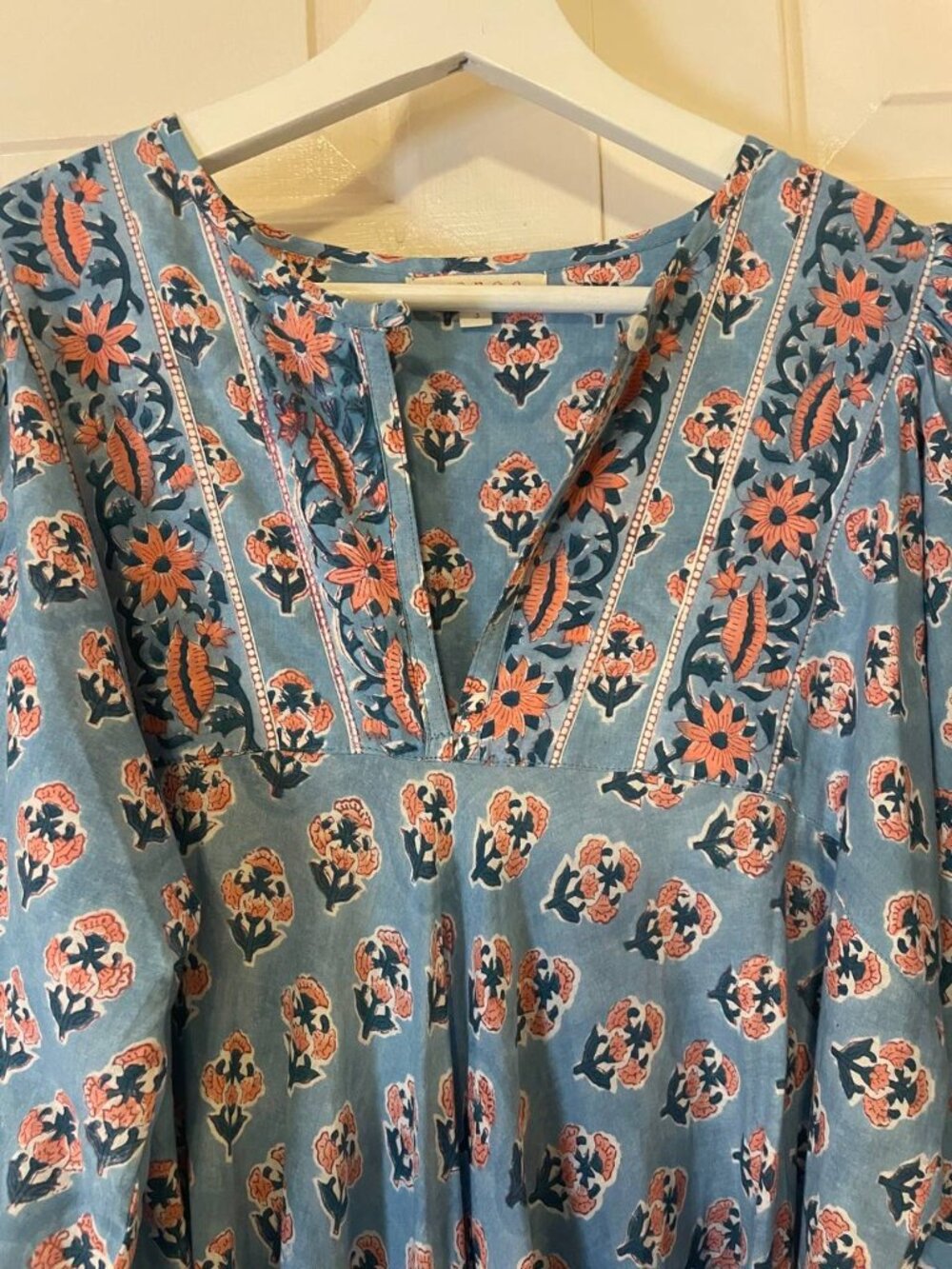Marea Cotton blue floral Print Baloon Sleeve House dress Maxi Dress Sz 3 large - Picture 5 of 8